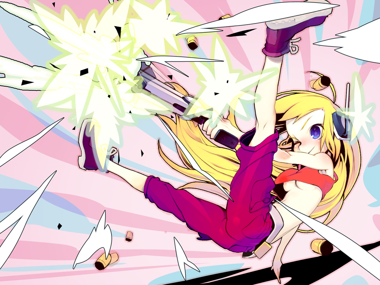 tamura tatsuya, curly brace, doukutsu monogatari, + +, 1girl, action, blonde hair, breasts, bullet, female focus, gun, midriff, robot ears, shorts, small breasts, smile, solo, symbol-shaped pupils, underboob, weapon