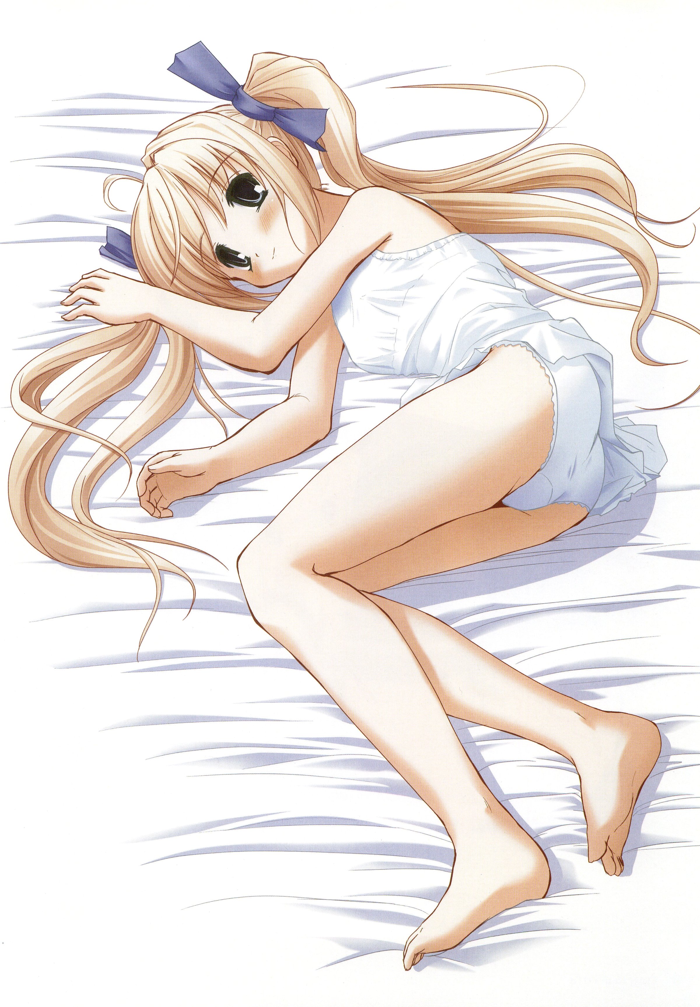 nimura yuuji, mikoshiba rio, clover (series), clover heart's, saiga (company), absurdres, highres, 1girl, ahoge, bare shoulders, barefoot, bed, blonde hair, blush, breasts, feet, female focus, full body, long hair, lying, on side, pajamas, panties, ribbon, small breasts, smile, solo, twintails, underwear, white panties