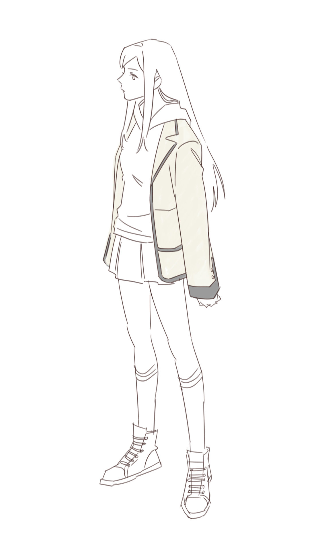 guri gom, kuga natsuki, my-hime, commentary request, highres, korean commentary, 1girl, blazer, closed mouth, fuuka academy school uniform, hood, hoodie, jacket, kneehighs, long hair, long sleeves, pleated skirt, school uniform, shoes, skirt, sleeves past wrists, sneakers, socks, solo