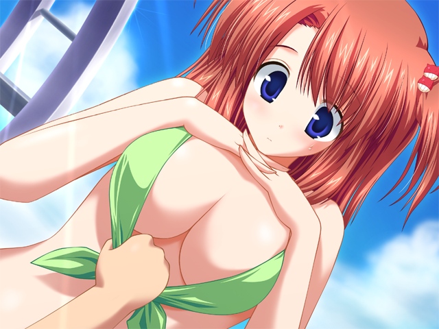 akimoto nanami, pastel kitchen, game cg, 1girl, bikini, bikini pull, blue eyes, blush, breasts, clothes grab, clothes pull, cloud, day, female focus, green bikini, large breasts, pulling another's clothes, red hair, side ponytail, solo, swimsuit