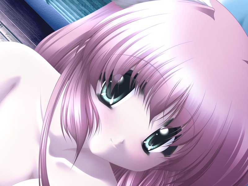 shione (inukko punipuni), inukko punipuni, game cg, 1girl, bare shoulders, blush, female focus, green eyes, pink hair, solo