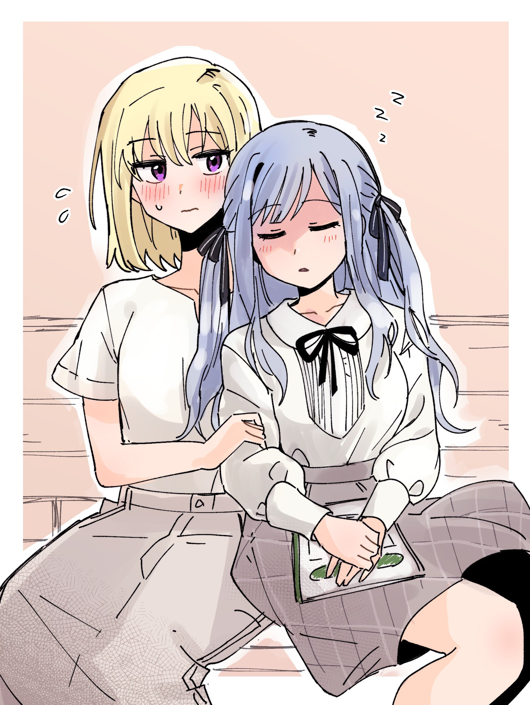 yrk ev, misumi uika, togawa sakiko, bang dream!, bang dream! it's mygo!!!!!, commentary request, highres, 2girls, black ribbon, blonde hair, blue hair, blush, brown background, closed eyes, closed mouth, flying sweatdrops, grey skirt, hair ribbon, hand on another's arm, holding, holding notebook, long hair, long sleeves, medium hair, multiple girls, notebook, outline, parted lips, purple eyes, ribbon, shirt, short sleeves, skirt, sweatdrop, two side up, white outline, white shirt, yuri, zzz