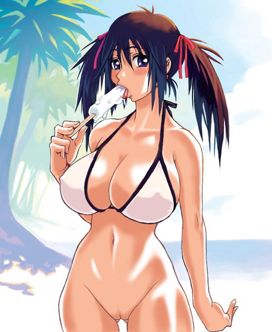 ryoji (nomura ryouji), nude filter, third-party edit, 1girl, blue eyes, blush, bottomless, breasts, brown hair, cleft of venus, female focus, food, huge breasts, large breasts, popsicle, pussy, solo, twintails, uncensored