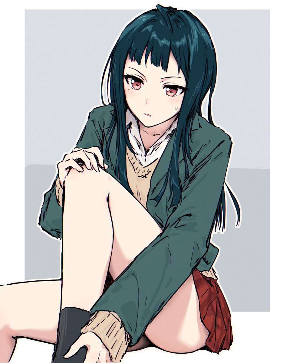 bullfalk, tendouji musubi, tokyo 7th sisters, highres, 1girl, ahoge, black socks, blazer, blue hair, border, brown sweater, collared shirt, dress shirt, grey background, grey jacket, jacket, long hair, long sidelocks, miniskirt, official alternate costume, open clothes, open jacket, outside border, pink eyes, plaid clothes, plaid skirt, pleated skirt, red skirt, school uniform, shirt, sidelocks, simple background, sitting, skirt, socks, solo, sweater, v-neck, white border, white shirt