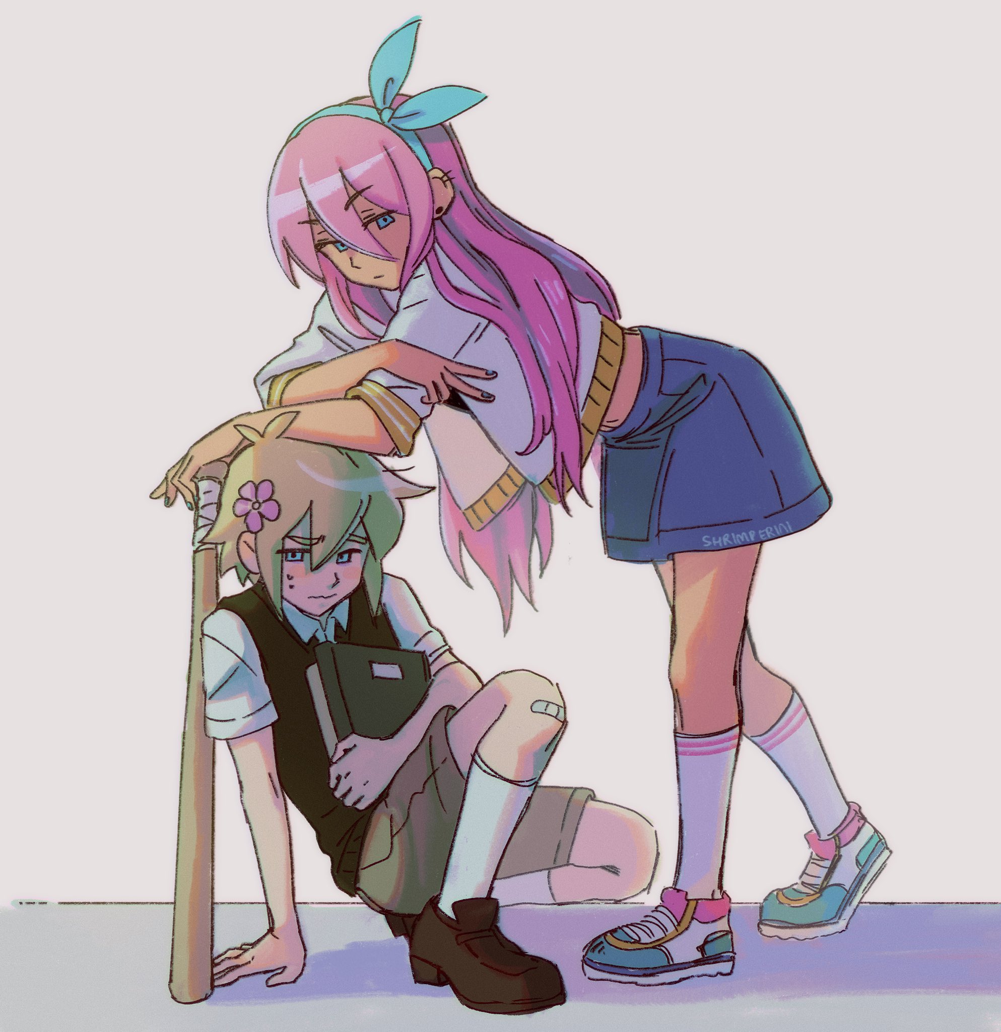 shrimperini, aubrey (faraway) (omori), aubrey (omori), basil (faraway) (omori), basil (omori), omori, highres, 1boy, 1girl, bandaid, bandaid on knee, bandaid on leg, baseball bat, blue eyes, blue hairband, blue nails, blue skirt, book, brown shoes, brown shorts, collared shirt, denim, denim skirt, double-parted bangs, ear piercing, flower, green sweater vest, hair flower, hair ornament, hairband, holding, holding baseball bat, holding book, jacket, kneehighs, loafers, long hair, navel, piercing, pink hair, shirt, shoes, short-sleeved jacket, short sleeves, shorts, skirt, sneakers, socks, standing, sweat, sweater vest, white background, white jacket, white shirt, white socks