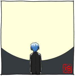 hata kenjirou, ayasaki hayate, hayate no gotoku!, lowres, 00s, 1boy, arms at sides, black border, blue hair, border, cowboy shot, facing away, formal clothes, from behind, long sleeves, male focus, moon, solo, standing, suit, two-tone background