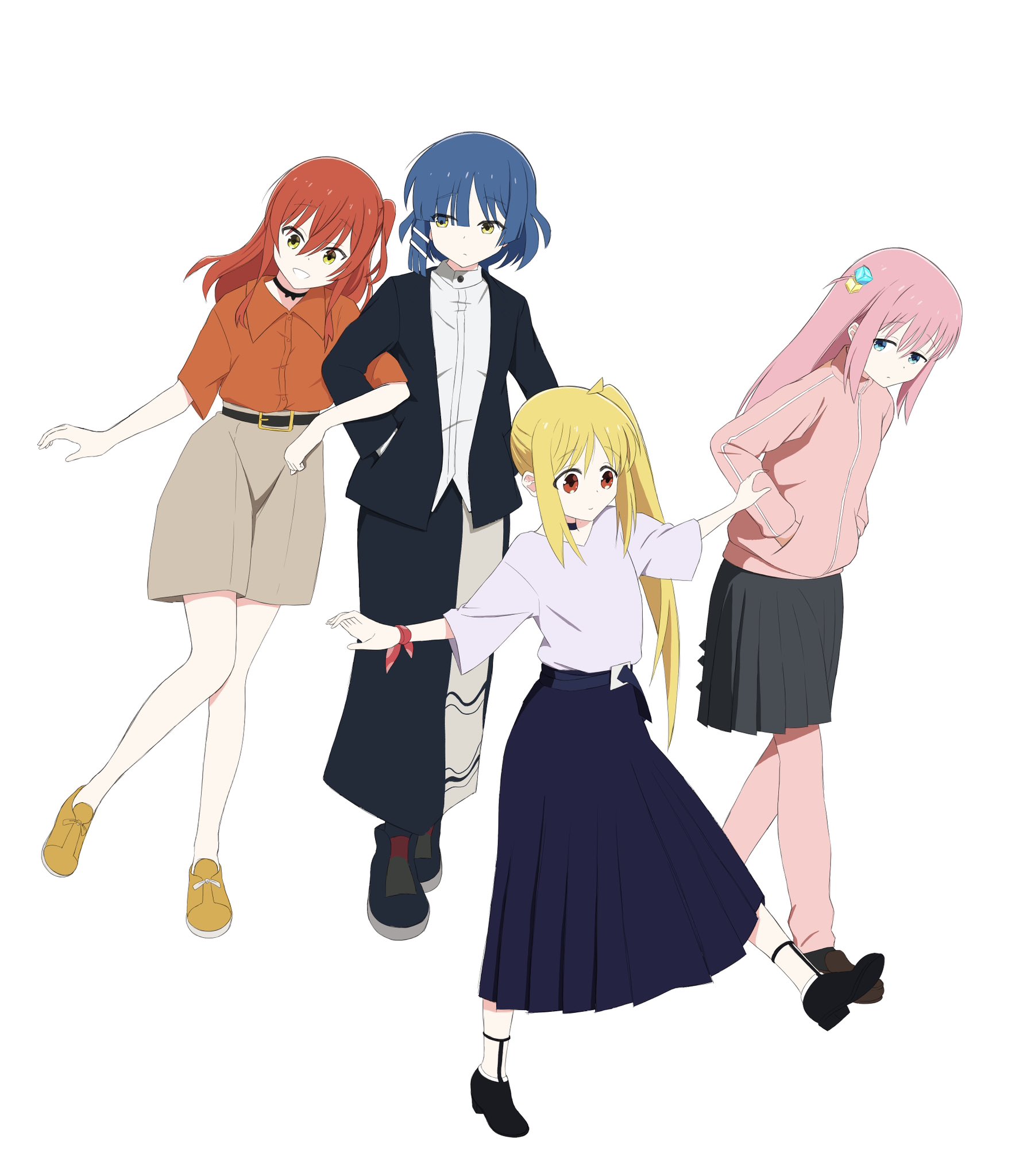 rora (user vgpk4444), gotoh hitori, ijichi nijika, kita ikuyo, yamada ryo, bocchi the rock!, hashtag-only commentary, highres, 4girls, ahoge, alternate costume, belt, black belt, black jacket, black shoes, black skirt, blonde hair, blue hair, blue skirt, brown shorts, casual, choppy bangs, closed mouth, collared shirt, cube hair ornament, dot nose, expressionless, foot up, green eyes, grey shirt, grin, hair between eyes, hair ornament, hairclip, hands in pockets, jacket, kessoku band, long bangs, long hair, long skirt, looking at another, multiple girls, one side up, open clothes, open jacket, orange shirt, outstretched arms, pants, pants under skirt, parallel hairclips, pink hair, pink jacket, pink pants, pleated skirt, red eyes, red hair, shirt, shirt tucked in, shoes, short hair, short sleeves, shorts, side ponytail, sidelocks, simple background, skirt, smile, spread arms, standing, three-quarter sleeves, track jacket, two-tone skirt, walking, white background, white shirt, wing collar, yellow eyes, yellow shoes