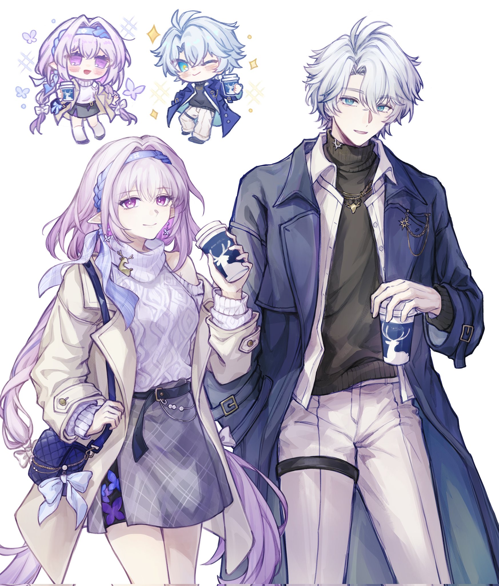 jelly rabi, castorice (honkai: star rail), phainon (honkai: star rail), honkai: star rail, honkai (series), highres, 1boy, 1girl, animal print, antenna hair, belt, bishie sparkle, black belt, black shoes, black sweater, blue bag, blue eyes, blue hairband, blue jacket, blush, bow, breasts, bug, butterfly, butterfly earrings, butterfly print, buttons, castorice (luckin coffee) (honkai: star rail), chibi, chibi inset, closed mouth, clothing cutout, coat, collared shirt, cowboy shot, cup, disposable coffee cup, disposable cup, earrings, full body, grey skirt, hair between eyes, hair bow, hairband, hand in pocket, hand up, holding, holding cup, insect, jacket, jewelry, lapels, long hair, long sleeves, looking at viewer, low twintails, medium breasts, official alternate costume, one eye closed, open clothes, open coat, open mouth, open shirt, pants, phainon (luckin coffee) (honkai: star rail), plaid clothes, plaid skirt, pointy ears, puffy long sleeves, puffy sleeves, purple butterfly, purple eyes, purple hair, shirt, shoes, short hair, shoulder cutout, simple background, single bare shoulder, skirt, smile, socks, sparkle, standing, sweater, teeth, thigh strap, turtleneck, turtleneck sweater, twintails, very long hair, white background, white bow, white hair, white pants, white socks, white sweater, yellow coat, yellow pupils