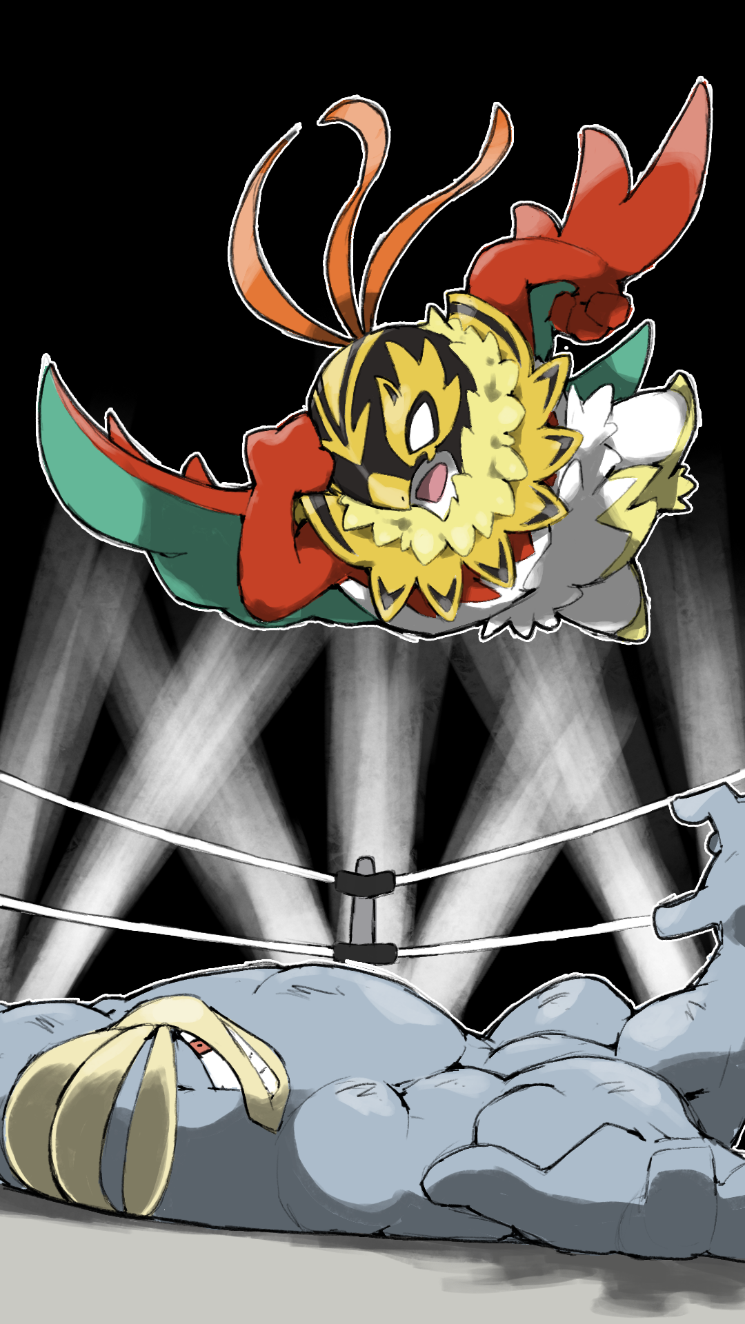 blacknirrow, hawlucha, machamp, mega hawlucha, nintendo, pokemon, commentary, highres, black background, clenched hands, elbow drop, extra arms, gen 1 pokemon, gen 6 pokemon, lying, mega pokemon, muscular, no pupils, on back, open mouth, outline, pokemon (creature), pokemon focus, red eyes, teeth, white outline, wrestling ring