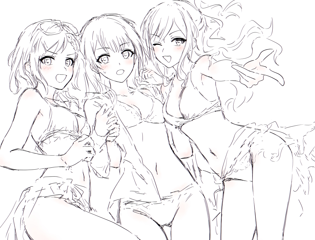 bullfalk, hikawa sayo, imai lisa, minato yukina, bang dream!, commentary request, 3girls, ;d, blush, braid, braided bangs, breasts, cleavage, cowboy shot, eyewear on head, finger gun, greyscale, jacket, jacket over swimsuit, long hair, looking at viewer, medium breasts, monochrome, multiple girls, navel, one eye closed, open mouth, ponytail, sidelocks, simple background, smile, spot color, stomach, sunglasses, swimsuit, wavy hair, white background