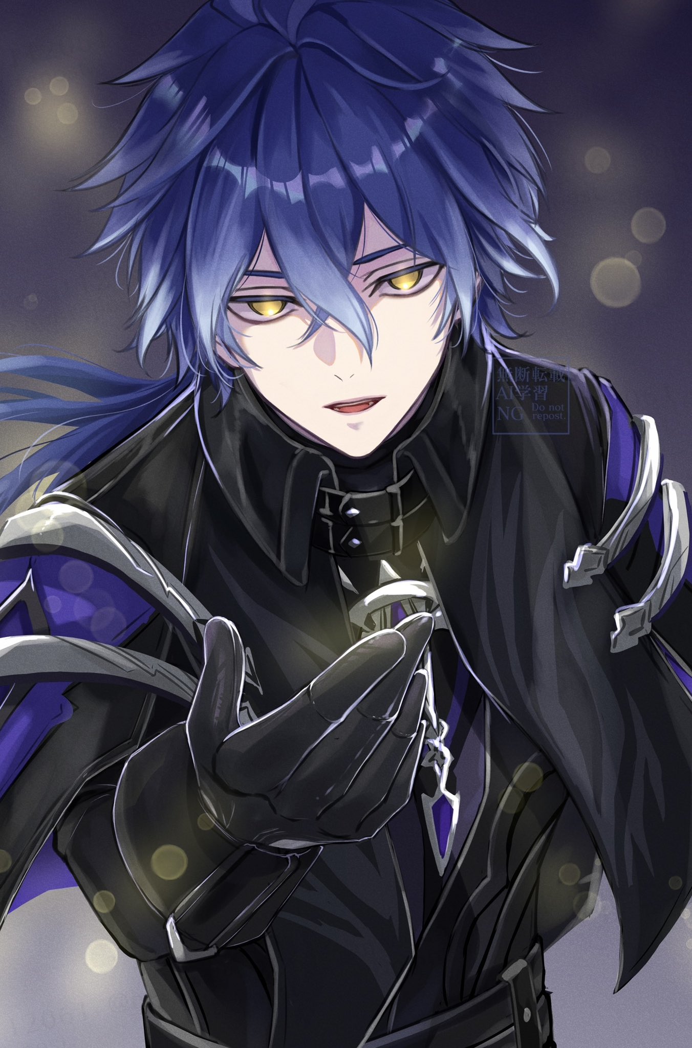 necoco112061, flins (genshin impact), genshin impact, commentary, commentary request, highres, 1boy, arm up, black gloves, black jacket, blue gemstone, blue hair, collared jacket, cowboy shot, crossed bangs, double-parted bangs, gem, gloves, hair between eyes, jacket, long hair, looking at viewer, male focus, open mouth, outstretched arm, solo, wing collar, yellow eyes