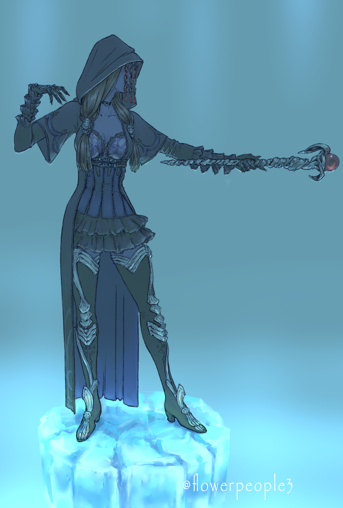 windcaller, tactics ogre, highres, artist name, boots, breasts, cleavage, covered eyes, gradient background, holding, holding wand, hood, lich, short sleeves, standing, thigh boots, wand