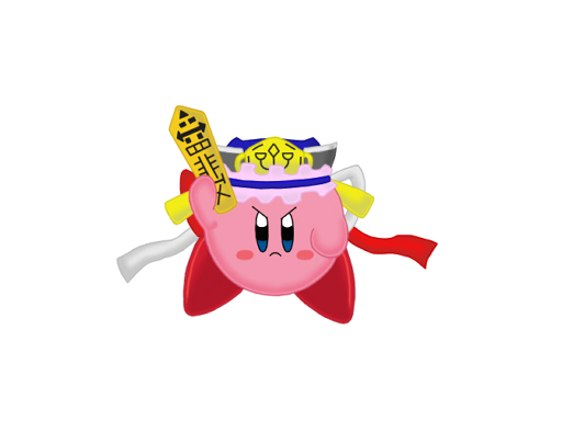 kirby, shiki eiki, kirby (series), nintendo, touhou, crossover, female focus, hat, no humans, parody, ribbon, rod of remorse, simple background, solo