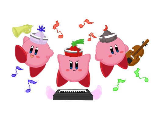 kirby, lunasa prismriver, lyrica prismriver, merlin prismriver, kirby (series), nintendo, touhou, cosplay, crossover, hat, instrument, keyboard, keyboard (instrument), lunasa prismriver (cosplay), lyrica prismriver (cosplay), merlin prismriver (cosplay), music, no humans, parody, violin, white background