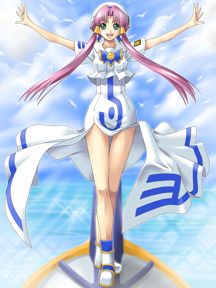 yaso shigeru, mizunashi akari, aria (manga), highres, 00s, bird, blouse, cloud, day, green eyes, hair tubes, long hair, pink hair, shirt, short hair with long locks, sky, solo, standing, twintails, water, white shirt