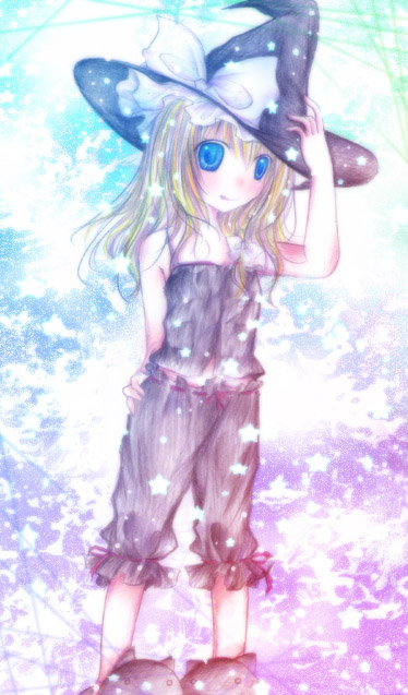 kasuga sunao, kirisame marisa, touhou, 1girl, blonde hair, blue eyes, female focus, hat, slippers, solo, tank top, witch, witch hat