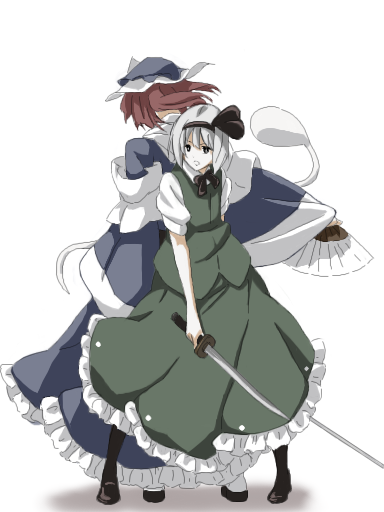 kajiki, konpaku youmu, konpaku youmu (ghost), saigyouji yuyuko, touhou, silver hair, 2girls, blue eyes, dress, female focus, full body, green dress, hat, holding, holding sword, holding weapon, japanese clothes, katana, kimono, mob cap, multiple girls, pink hair, puffy short sleeves, puffy sleeves, short hair, short sleeves, simple background, standing, sword, triangular headpiece, unsheathed, weapon, white background