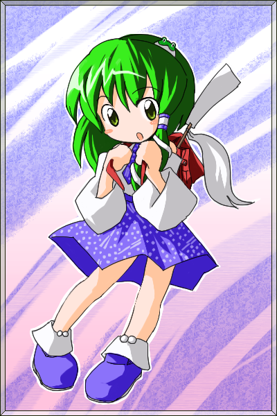 neki-t, kochiya sanae, touhou, 1girl, :o, blue skirt, blush, detached sleeves, female focus, frog hair ornament, gohei, green eyes, green hair, hair ornament, holding, long sleeves, looking at viewer, matching hair/eyes, nontraditional miko, oonusa, parted lips, pink background, short hair, simple background, skirt, solo, standing, tareme