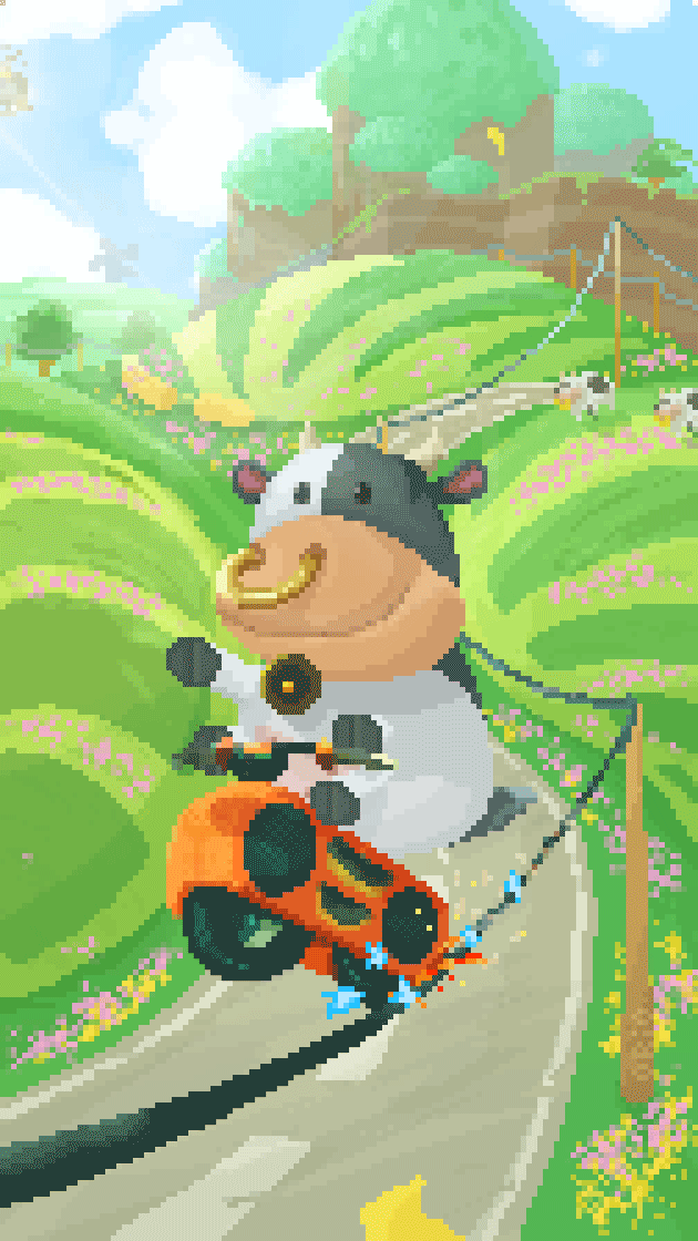 orioto, moo moo (mario), mario (series), mario kart, mario kart world, nintendo, animated, animated gif, commentary, english commentary, aircraft, blue sky, cable, closed mouth, cloud, cow, day, driving, face piercing, flower, grass, helicopter, horns, motor vehicle, motorcycle, no humans, nose piercing, nose ring, on motorcycle, outdoors, petals, piercing, pixel art, road, sky, smile, solo focus, sparks, street, tree, utility pole, wheelie, windmill