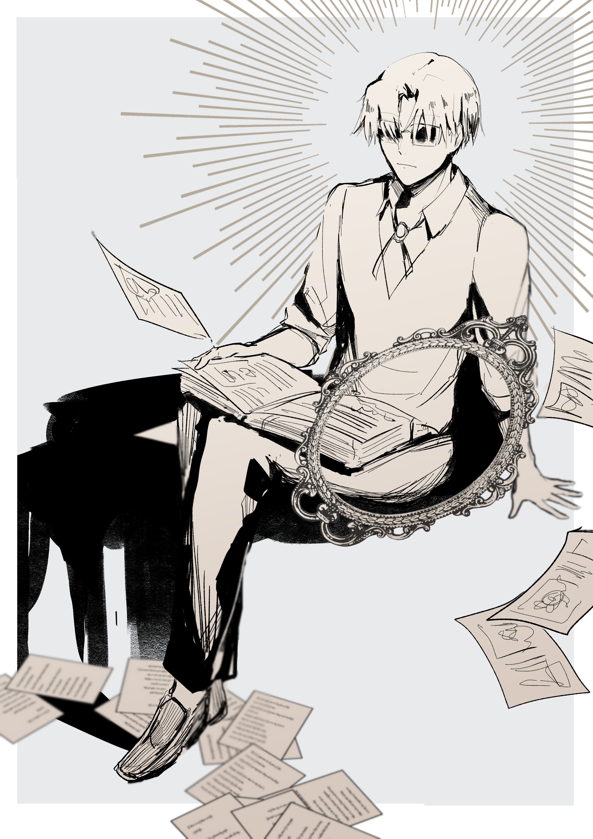 brynhildr97, maxwell's demon (fate), fate/grand order, fate (series), absurdres, highres, 1boy, book, greyscale, holding, holding book, male focus, monochrome, short hair, sitting, sunglasses