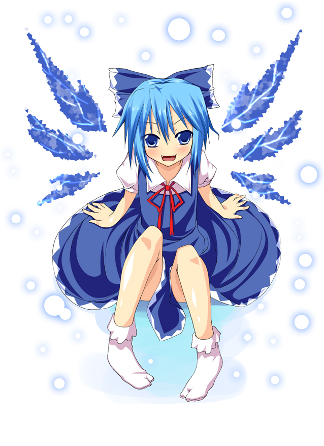 kirise mitsuru, cirno, embodiment of scarlet devil, touhou, 1girl, blue eyes, blue hair, dress, female focus, full body, hair between eyes, matching hair/eyes, socks, solo, white background