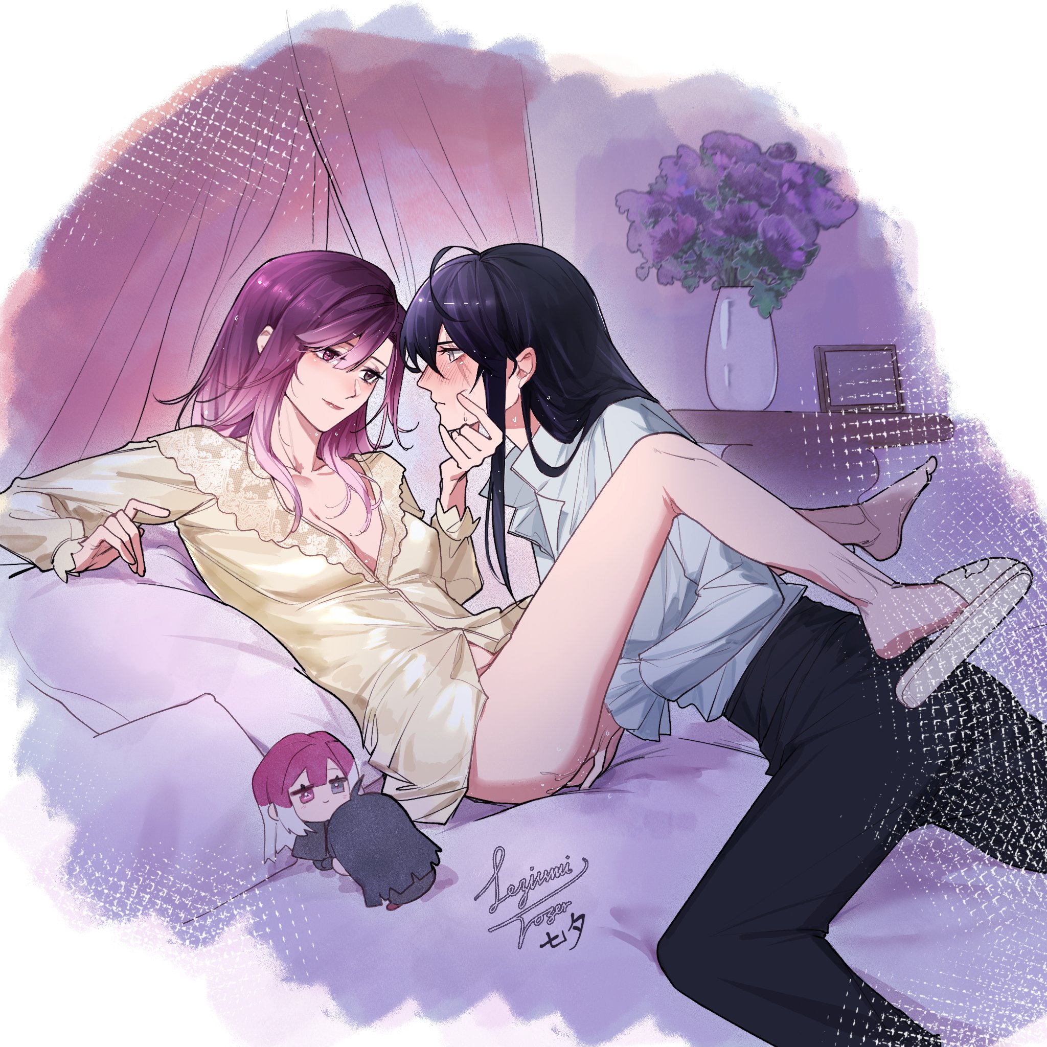 lezissmitozer, rahu (path to nowhere), shalom (path to nowhere), path to nowhere, chinese commentary, commentary request, highres, 2girls, between legs, black hair, black pants, blush, breasts, character doll, cleavage, closed mouth, covered erect nipples, curtains, doll, dress, fingering, flower, indoors, long hair, long sleeves, multiple girls, pants, purple eyes, purple flower, purple hair, pussy juice, scar, scar across eye, scar on face, shirt, slippers, small breasts, smile, sweat, vase, white shirt, white slippers, yellow dress, yuri