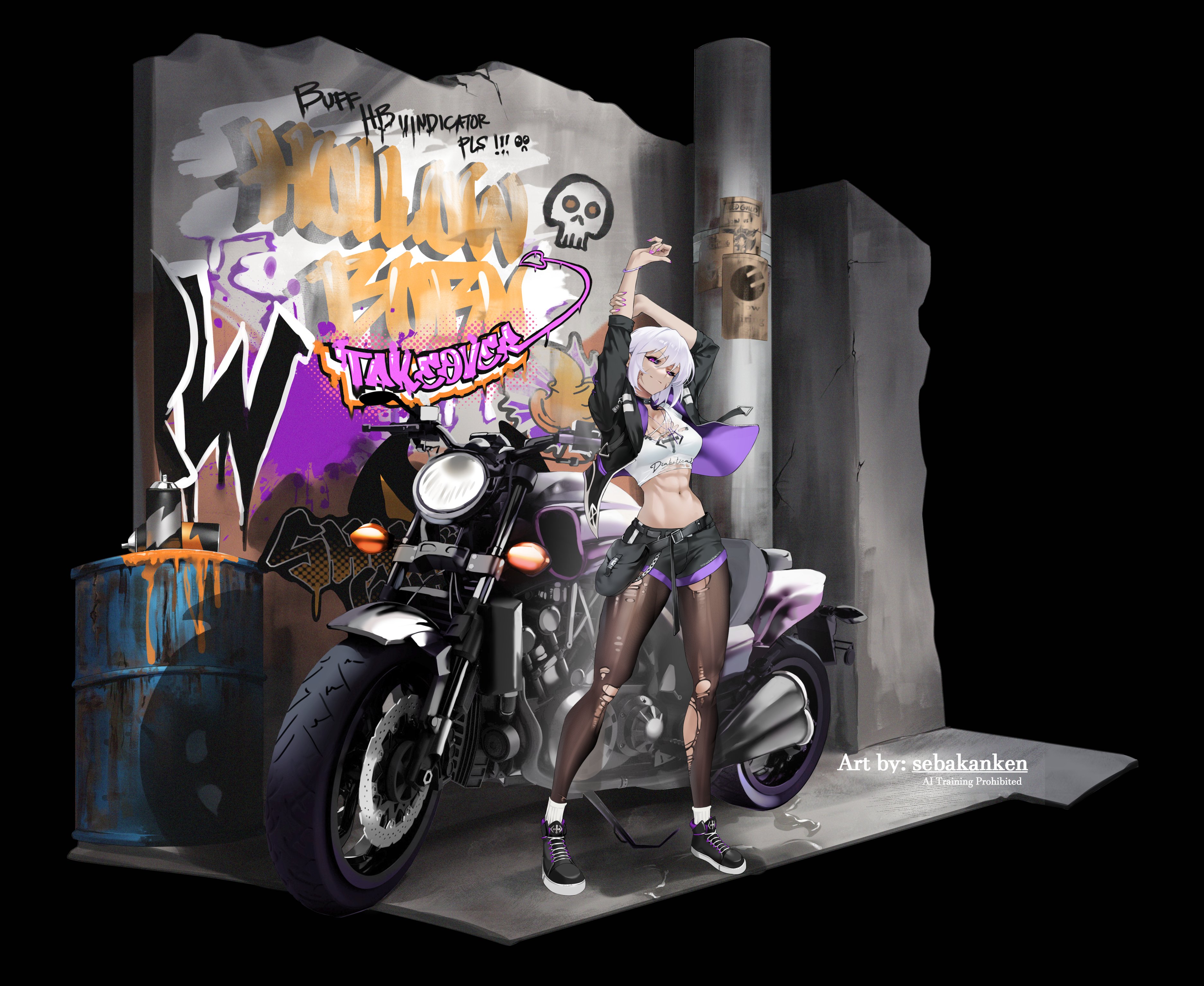 sebakanken, original, absurdres, commission, highres, 1girl, abs, black jacket, breasts, cleavage, collarbone, crop top, graffiti, jacket, looking at viewer, motor vehicle, motorcycle, navel, open clothes, open jacket, pantyhose, purple eyes, short hair, shorts, solo, torn clothes, torn pantyhose, watermark, white hair