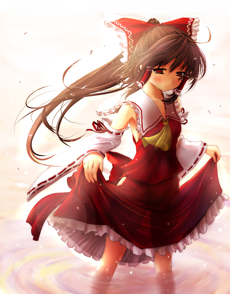 scarlet (studioscr), hakurei reimu, touhou, 1girl, black eyes, black hair, bow, clothes lift, detached sleeves, female focus, gradient background, japanese clothes, long hair, miko, skirt, skirt hold, skirt lift, solo, wading, water, white background
