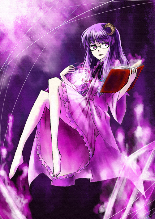 kagero (burstlife), tadano kagekichi, patchouli knowledge, touhou, 1girl, barefoot, bespectacled, crescent, crescent hair ornament, female focus, glasses, hair ornament, long hair, purple hair, smile, solo