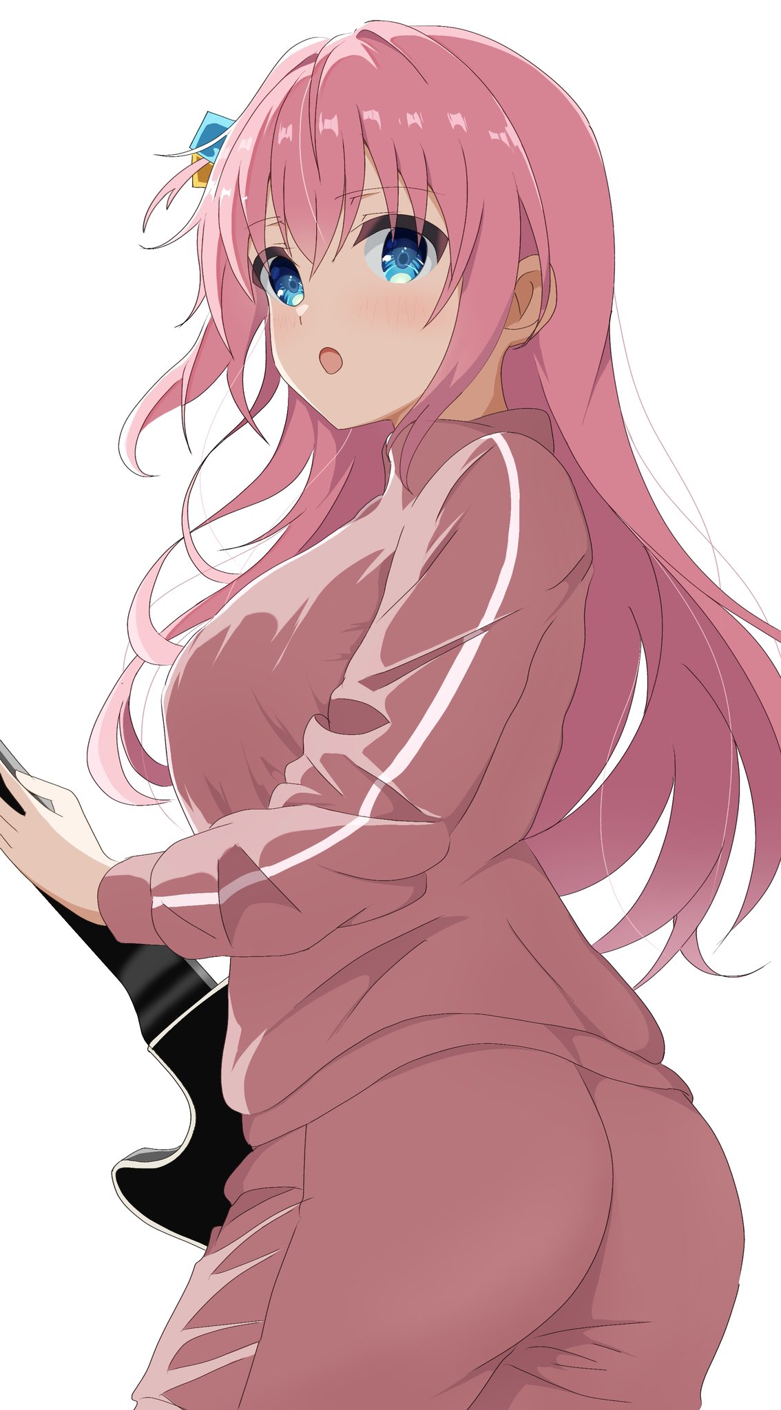 gotoh hitori, bocchi the rock!, highres, 1girl, :o, ass, awaco ruku, blush, breasts, cube hair ornament, electric guitar, eyes visible through hair, gibson les paul, guitar, hair between eyes, hair ornament, holding, holding guitar, holding instrument, instrument, jacket, large breasts, long hair, long sleeves, looking at viewer, open mouth, pants, pants under skirt, pink hair, pink jacket, pink pants, pink track suit, side ahoge, sidelocks, simple background, solo, track jacket, track pants, track suit, white background