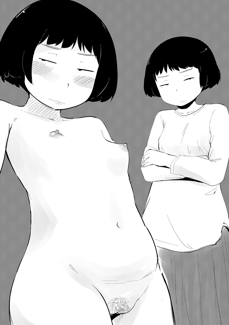 kirinama01, original, 1girl, blush, bob cut, breasts, crossed arms, jimiko, multiple views, navel, nipples, nude, pubic hair, screentones, shirt, skirt, small breasts, standing