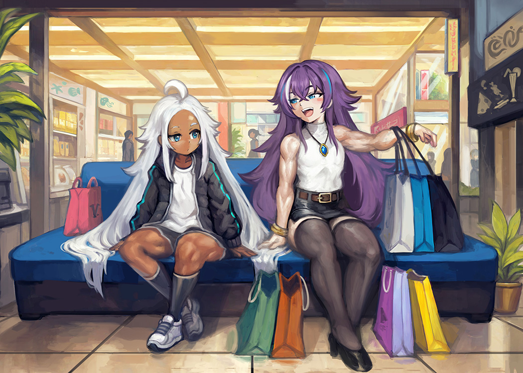 yilx, original, 2girls, ahoge, bag, belt, black skirt, black socks, blue eyes, bracelet, choker, couch, dark skin, hakuritta (yilx), indoors, jacket, jewelry, long hair, mall, multiple girls, muscular, muscular child, muscular female, purple hair, scenery, shirt, shoes, shopping, shopping bag, skirt, sleeveless, sleeveless shirt, sneakers, socks, thick thighs, thighhighs, thighs, verika (yilx), very long hair, white hair, white streaks
