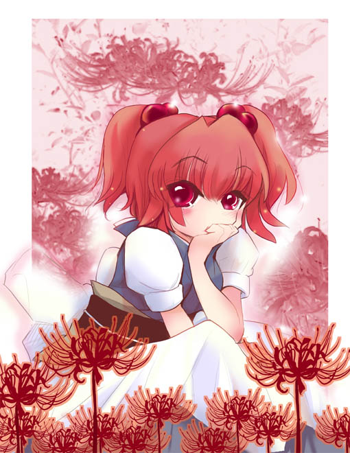 usoneko, onozuka komachi, touhou, 1girl, female focus, flower, hair bobbles, hair ornament, outdoors, plant, red eyes, red hair, short hair, sitting, solo, twintails, two side up