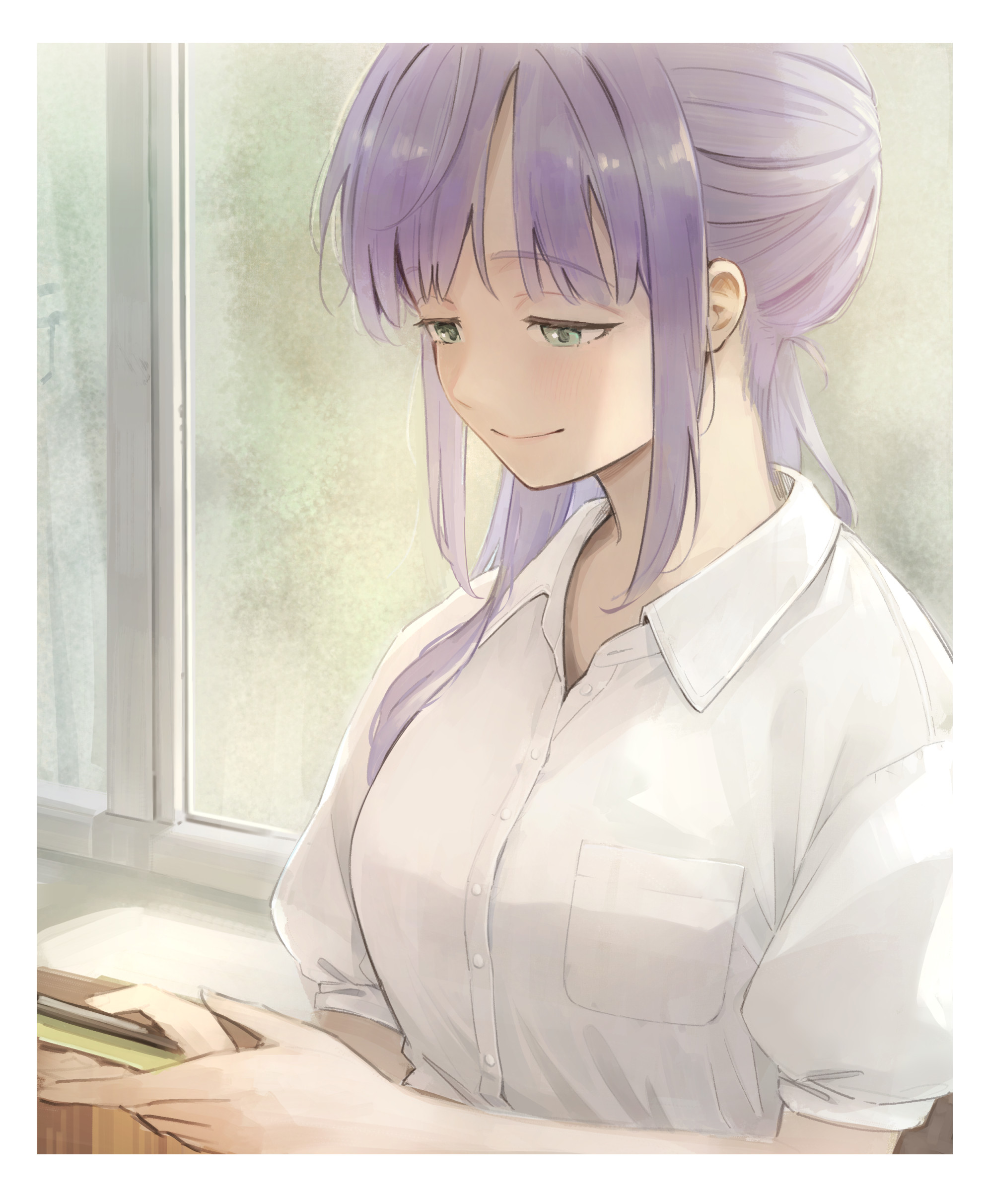 hinoshita akame, otomune kozue, link! like! love live!, love live!, absurdres, commentary, highres, 1girl, blush, border, breast pocket, breasts, cellphone, closed mouth, collared shirt, dress shirt, green eyes, holding, holding phone, indoors, large breasts, lone nape hair, long hair, phone, pocket, shirt, side ponytail, sidelocks, smartphone, smile, solo, upper body, virtual youtuber, white border, white shirt, window