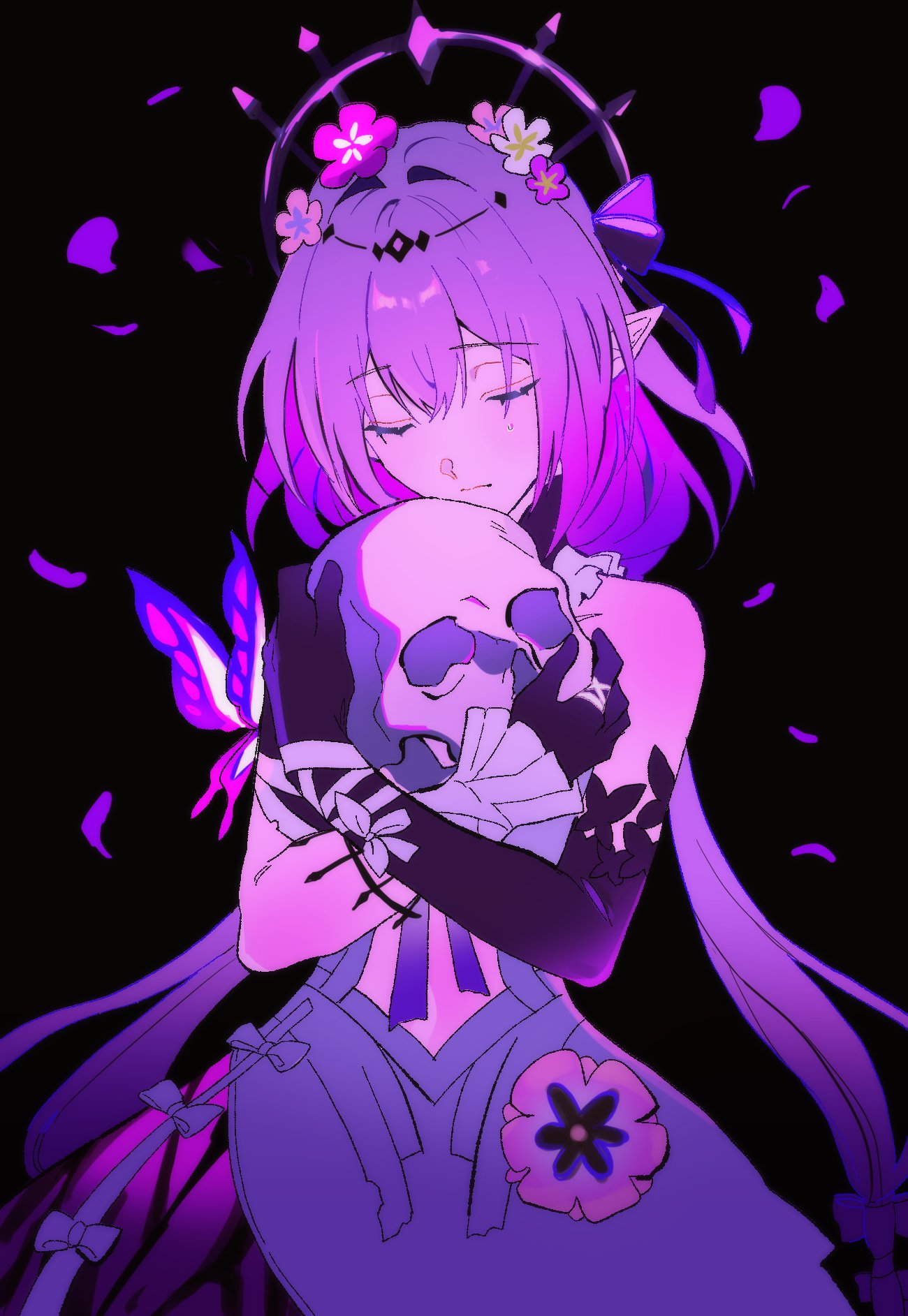 castorice (honkai: star rail), honkai: star rail, honkai (series), commentary, english commentary, highres, 1girl, arm ribbon, bare shoulders, black background, black choker, black gloves, black tiara, bow, bug, butterfly, butterfly ornament, choker, closed eyes, closed mouth, clothing cutout, cowboy shot, crossed arms, dress, elbow gloves, flower, flower ornament, frills, gloves, hair between eyes, hair bow, hands up, hazozoyaku, holding, holding skull, insect, long hair, low twintails, petals, pink flower, pointy ears, purple bow, purple butterfly, purple dress, purple hair, ribbon, simple background, skull, sleeveless, sleeveless dress, smile, solo, standing, tiara, twintails, very long hair, white ribbon