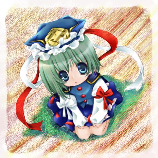 aoi mitsuru, shiki eiki, touhou, non-web source, 1girl, female focus, green hair, hat, kneeling, solo