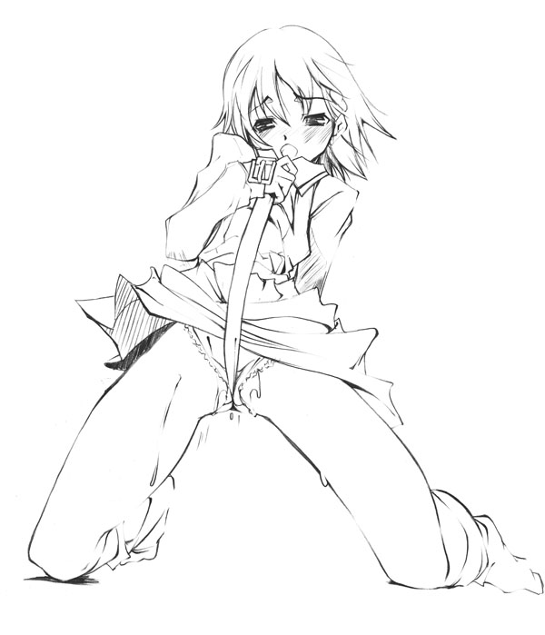 nagare hyougo, isurugi noe, true tears, 00s, 1girl, bdsm, belt, between legs, blush, bondage, bound, crotch rope, crotch rub, female focus, female masturbation, full body, greyscale, kneeling, long sleeves, looking at viewer, masturbation, monochrome, panties, pussy juice, short hair, simple background, socks, solo, spread legs, underwear, white background