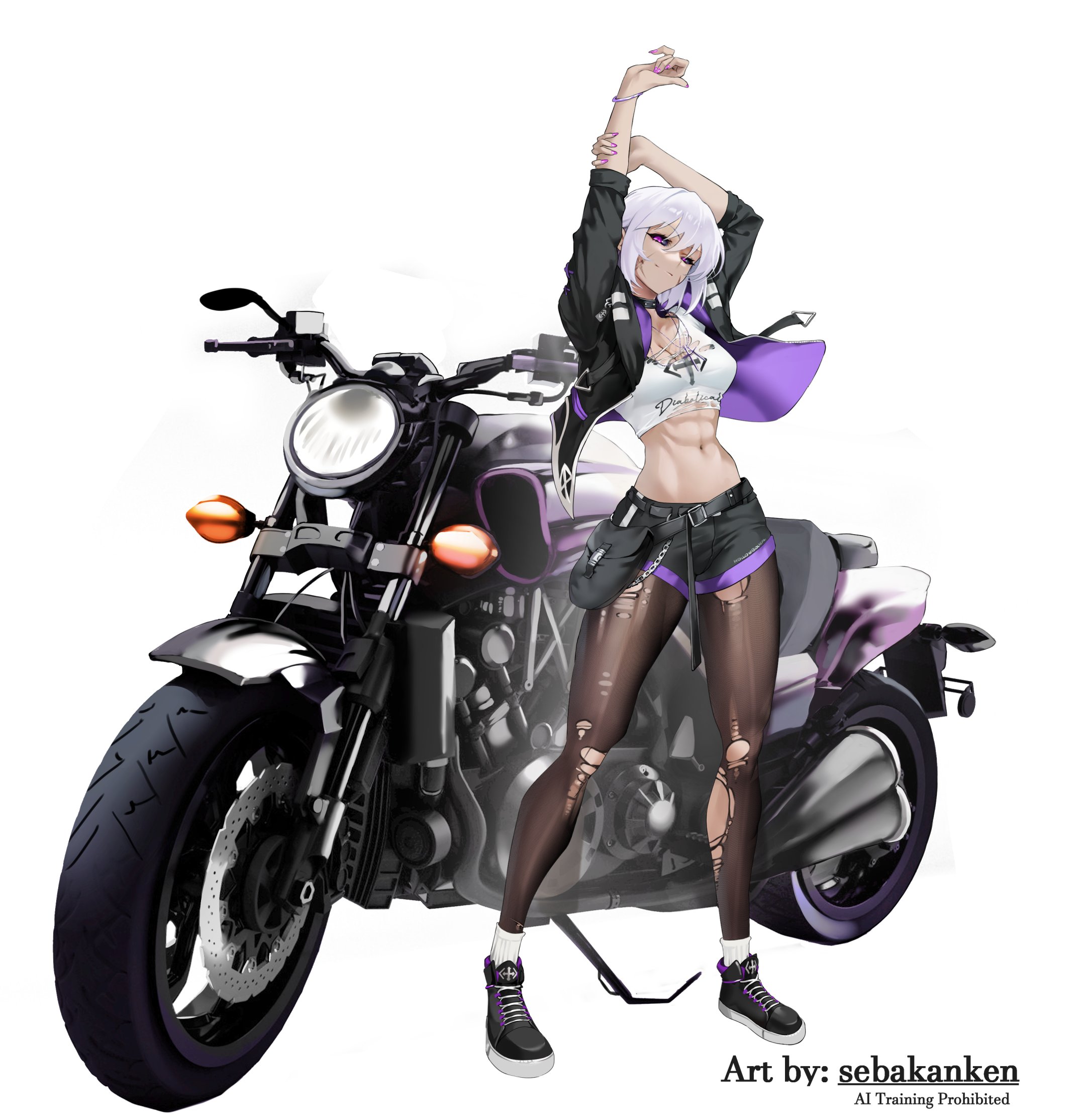 sebakanken, original, commission, highres, 1girl, abs, arms up, black jacket, breasts, cleavage, collarbone, crop top, jacket, looking at viewer, motor vehicle, motorcycle, navel, open clothes, open jacket, pantyhose, torn clothes, torn pantyhose, white background