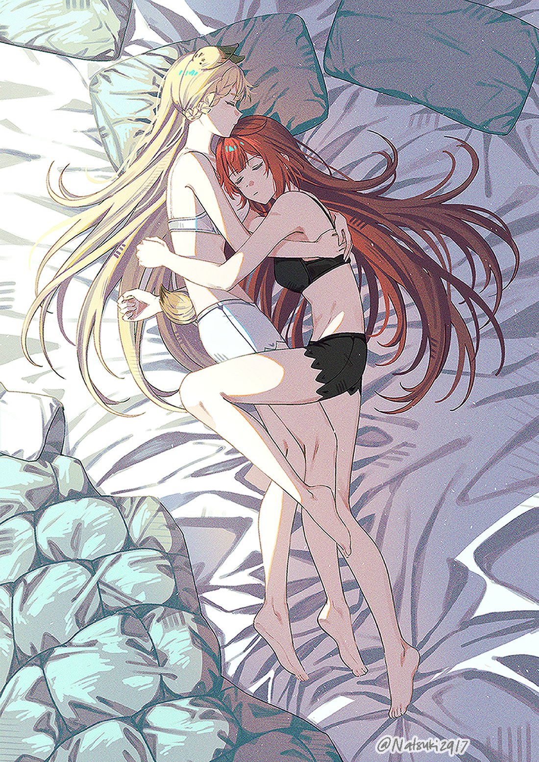 natsuki (2917), alice thymefield, ukinami yuzuha, zenless zone zero, commentary, highres, symbol-only commentary, 2girls, barefoot, black bra, black panties, blonde hair, bra, closed eyes, closed mouth, cuddling, long hair, lying, multiple girls, on bed, on side, panties, pillow, red hair, sleeping, underwear, white bra, white panties, yuri