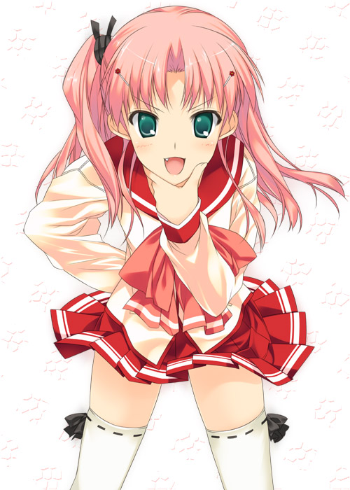mizuki makoto, maaryan (to heart), to heart (series), to heart 2, 00s, 1girl, arm behind back, fang, female focus, green eyes, pink hair, ribbon-trimmed legwear, ribbon trim, school uniform, serafuku, solo, thighhighs, white thighhighs, zettai ryouiki