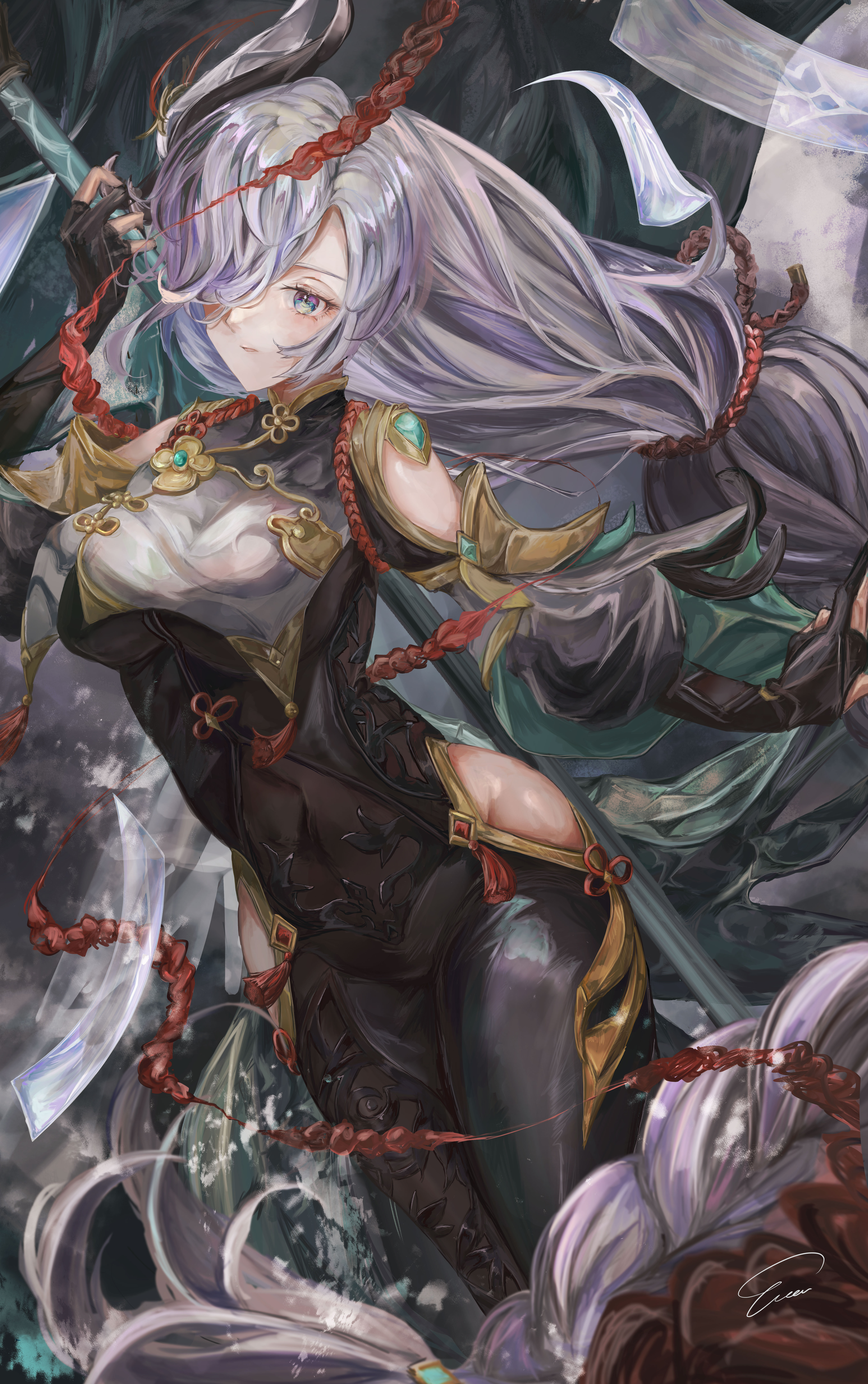 vea (v ea ), shenhe (genshin impact), genshin impact, black bodystocking, absurdres, highres, 1girl, black gloves, blue eyes, bodystocking, braid, braided ponytail, breast curtain, breasts, chinese clothes, clothing cutout, covered navel, eyelashes, gloves, gold trim, hair ornament, hair over one eye, hip vent, holding, holding polearm, holding weapon, jewelry, long hair, long sleeves, looking ahead, medium breasts, multicolored hair, parted lips, partially fingerless gloves, polearm, purple hair, red rope, rope, signature, solo, spear, standing, tassel, very long hair, weapon, white hair