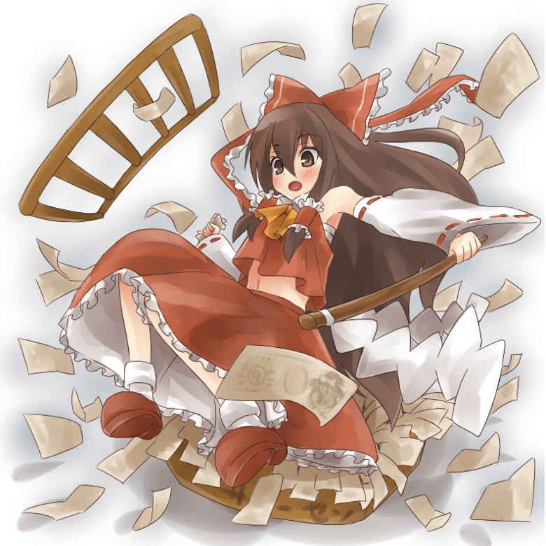 kiji (manekinuko-tei), hakurei reimu, touhou, 1girl, box, circled 9, donation box, female focus, full body, gohei, gradient background, navel, skirt, solo, white background