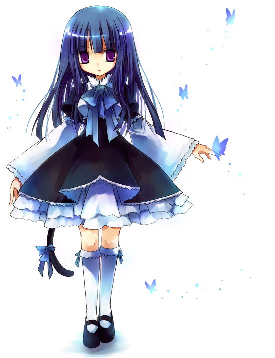 suzushiro kurumi, frederica bernkastel, umineko no naku koro ni, 00s, blue hair, bug, butterfly, dress, insect, kneehighs, purple eyes, socks, solo, tail, white background