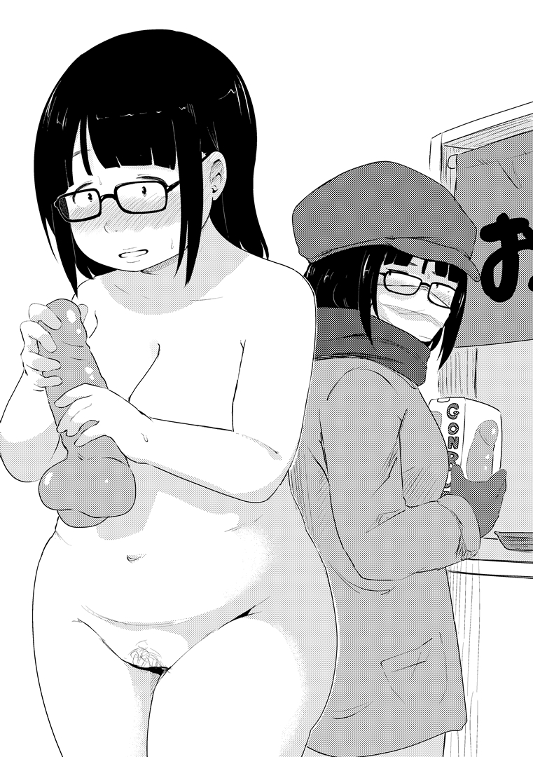 kirinama01, original, 1girl, blush, breasts, clothed female nude female, coat, dildo, fat, female pubic hair, glasses, gloves, greyscale, hat, holding, holding sex toy, jimiko, large breasts, mask, medium hair, monochrome, mouth mask, multiple views, navel, nude, pubic hair, scarf, sex toy, standing, sweatdrop
