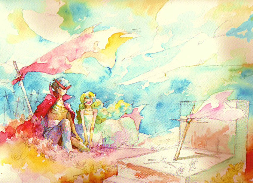 kamina (ttgl), nia teppelin, tengen toppa gurren lagann, spoilers, traditional media, 00s, 1boy, 1girl, :d, blonde hair, brown hair, cape, collarbone, death, denim, flag, jeans, open mouth, ouroboros, pants, short hair, smile, standing, topless female, topless male