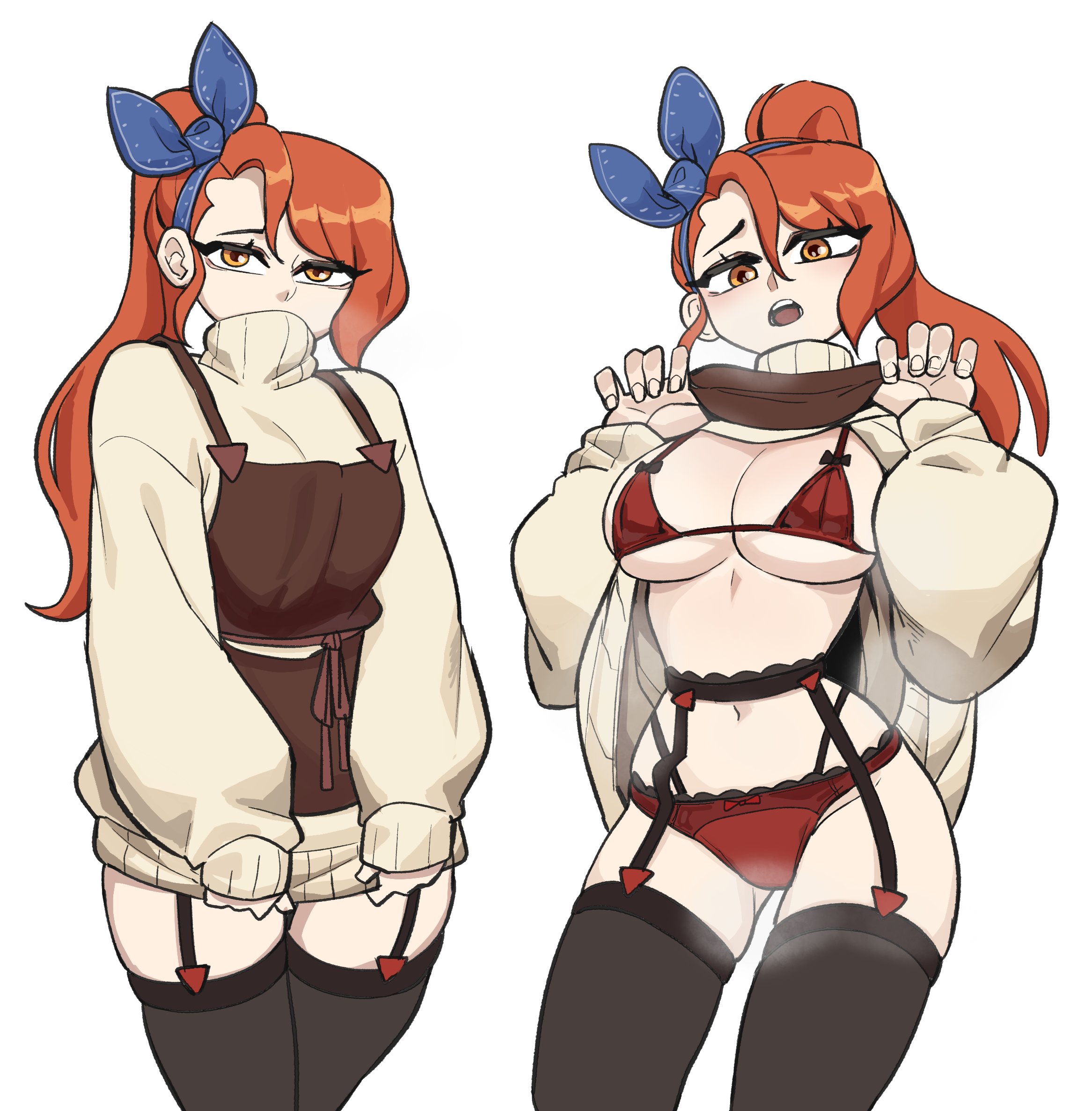hyyun ho, june (hyyun ho), original, commentary, english commentary, highres, 1girl, apron, apron lift, black garter belt, black thighhighs, blue ribbon, bra, breasts, brown apron, clothes lift, clothes tug, cowboy shot, garter belt, hair ribbon, large breasts, long sleeves, looking at viewer, multiple views, navel, no pants, open mouth, orange eyes, orange hair, panties, ponytail, red bra, red panties, ribbon, simple background, sweater, sweater lift, sweater tug, thighhighs, underwear, white background, yellow sweater
