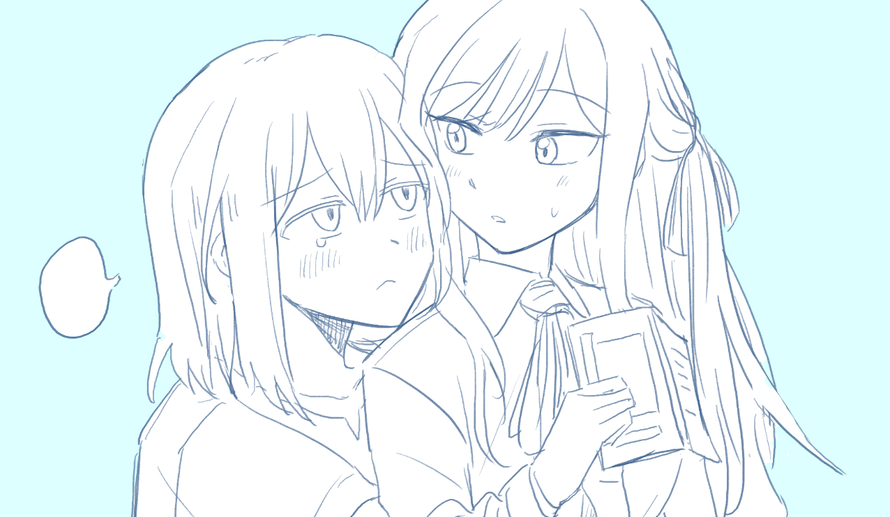 yrk ev, misumi uika, togawa sakiko, bang dream!, bang dream! it's mygo!!!!!, commentary request, 2girls, blank speech bubble, blue background, blush, book, closed mouth, greyscale with colored background, hair ribbon, holding, holding book, looking at another, medium hair, multiple girls, parted lips, ribbon, speech bubble, two side up, yuri