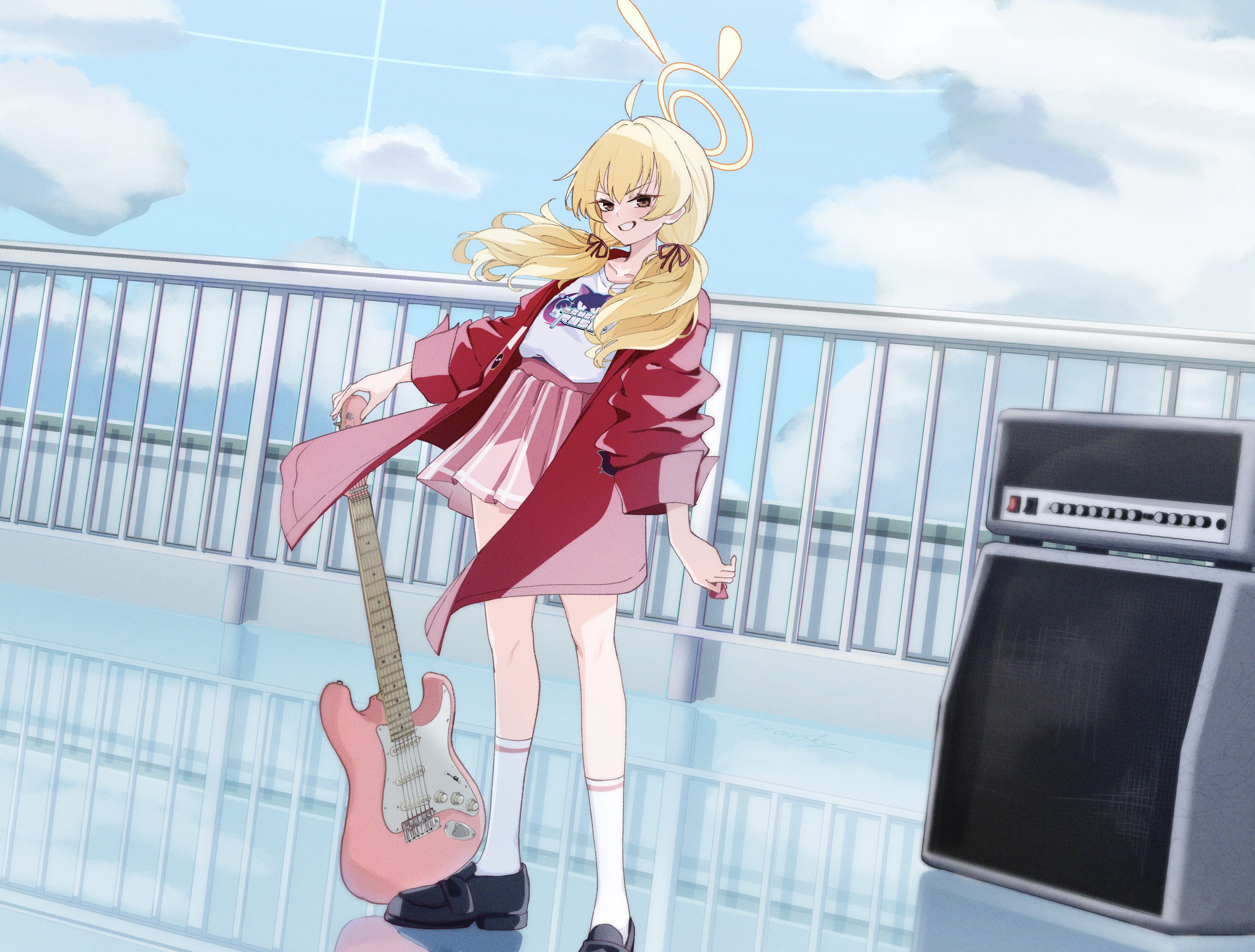suecovsky, yoshimi (band) (blue archive), yoshimi (blue archive), blue archive, absurdres, commentary request, highres, 1girl, ahoge, amplifier, black shoes, blonde hair, blush, collarbone, electric guitar, full body, guitar, halo, holding, holding plectrum, instrument, jacket, kneehighs, loafers, logo print, long hair, looking at viewer, official alternate costume, pink skirt, pleated skirt, plectrum, print shirt, railing, red jacket, rooftop, shirt, shirt tucked in, shoes, skirt, smile, socks, solo, twintails, white shirt, white socks