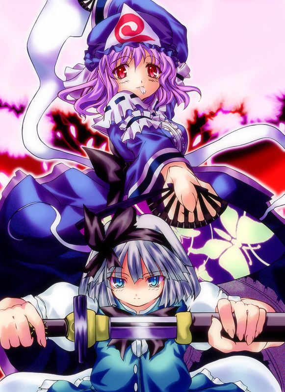 hase nanase, konpaku youmu, konpaku youmu (ghost), saigyouji yuyuko, touhou, silver hair, 2girls, blue dress, dress, expressionless, female focus, frills, glint, green dress, green eyes, hair ribbon, hairband, hat, holding, holding sword, holding weapon, katana, long sleeves, looking at viewer, mob cap, multiple girls, pink eyes, pink hair, ribbon, sheath, sword, triangular headpiece, unsheathed, unsheathing, weapon