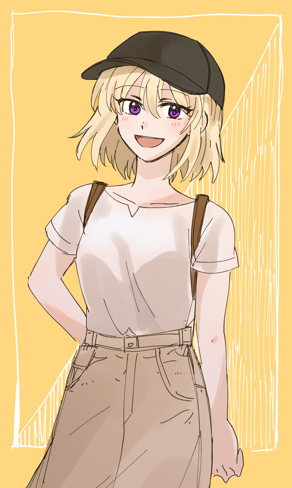 yrk ev, misumi uika, bang dream!, bang dream! it's mygo!!!!!, commentary request, highres, 1girl, backpack, bag, baseball cap, black hat, blonde hair, brown skirt, hat, looking at viewer, medium hair, purple eyes, shirt, short sleeves, skirt, solo, white shirt, yellow background